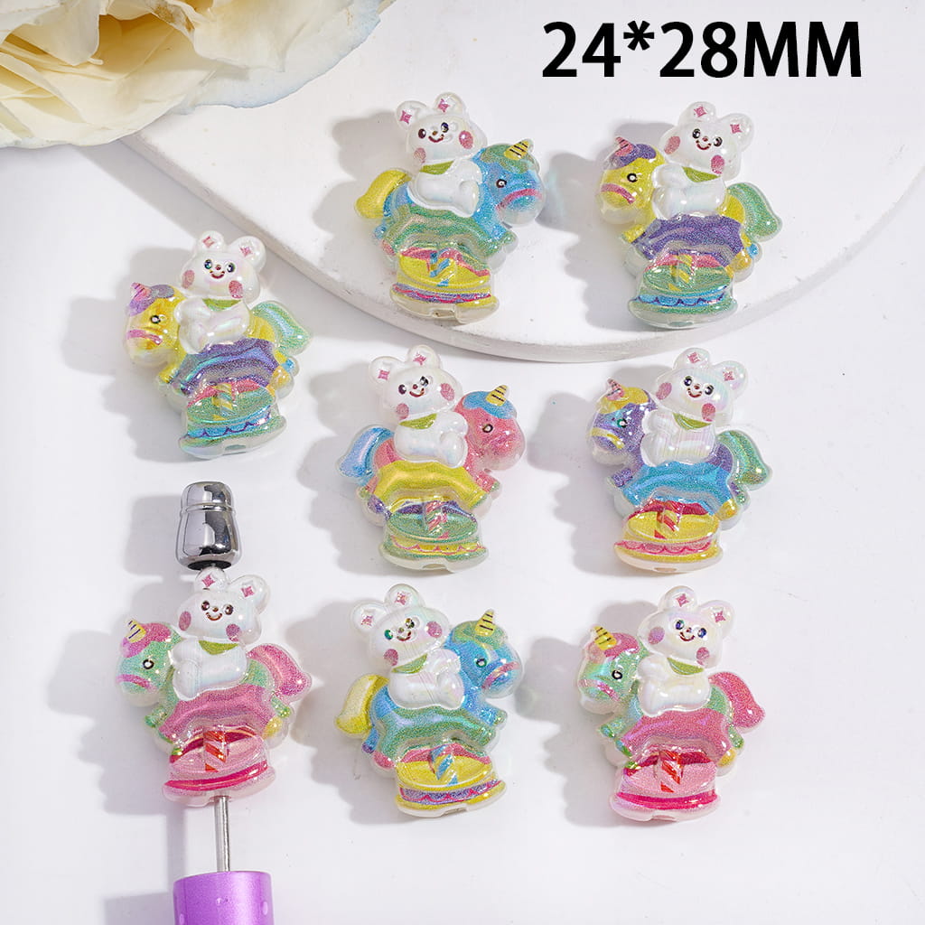 Acrylic Beads UV Coating Bunny Rides Horseback Carousel Series, 24*28MM, Multi-Color, Random Mix
