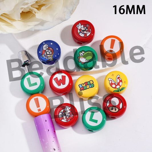 Acrylic Beads with Plumber Character Prints, 16MM, Multi-Color, Flat Cylinder Shape, Random Mix