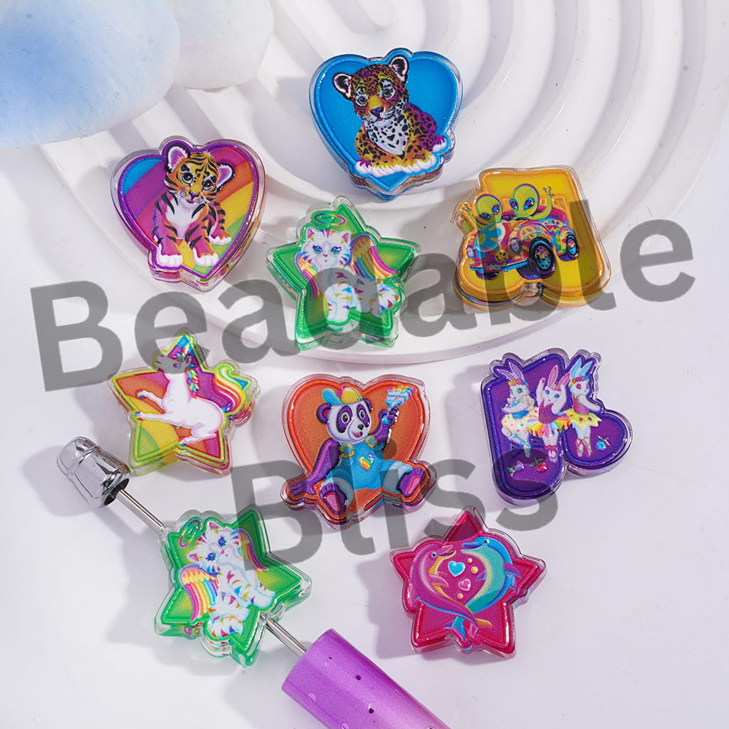 Acrylic Beads with Brightly Colored Animal Series Prints, Translucent, Random Mix