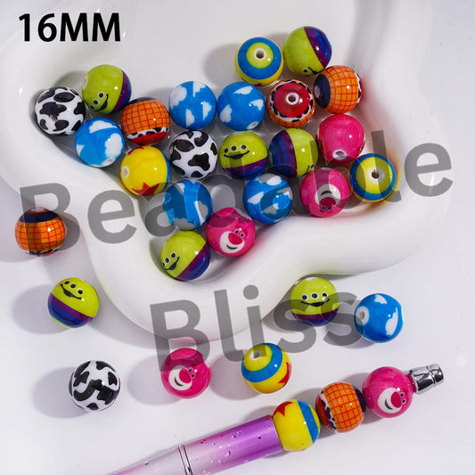 Acrylic Beads for Bracelets with Toy Adventure Character Prints Series, 16MM, Random Mix