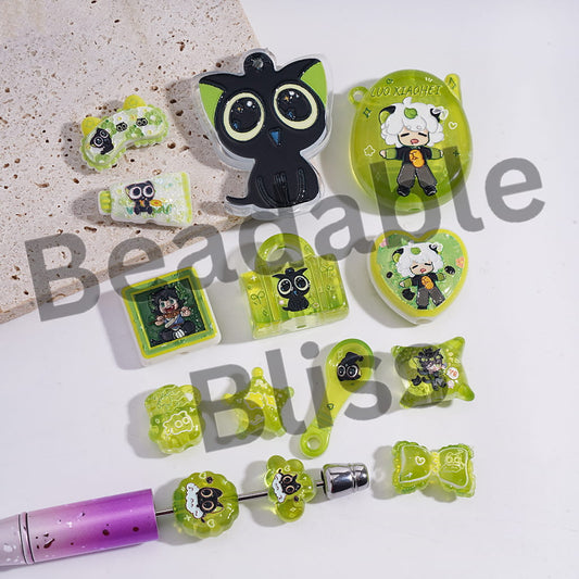 Acrylic Beads Pendants Black Kitten Monster Character Green Series, Random Mix