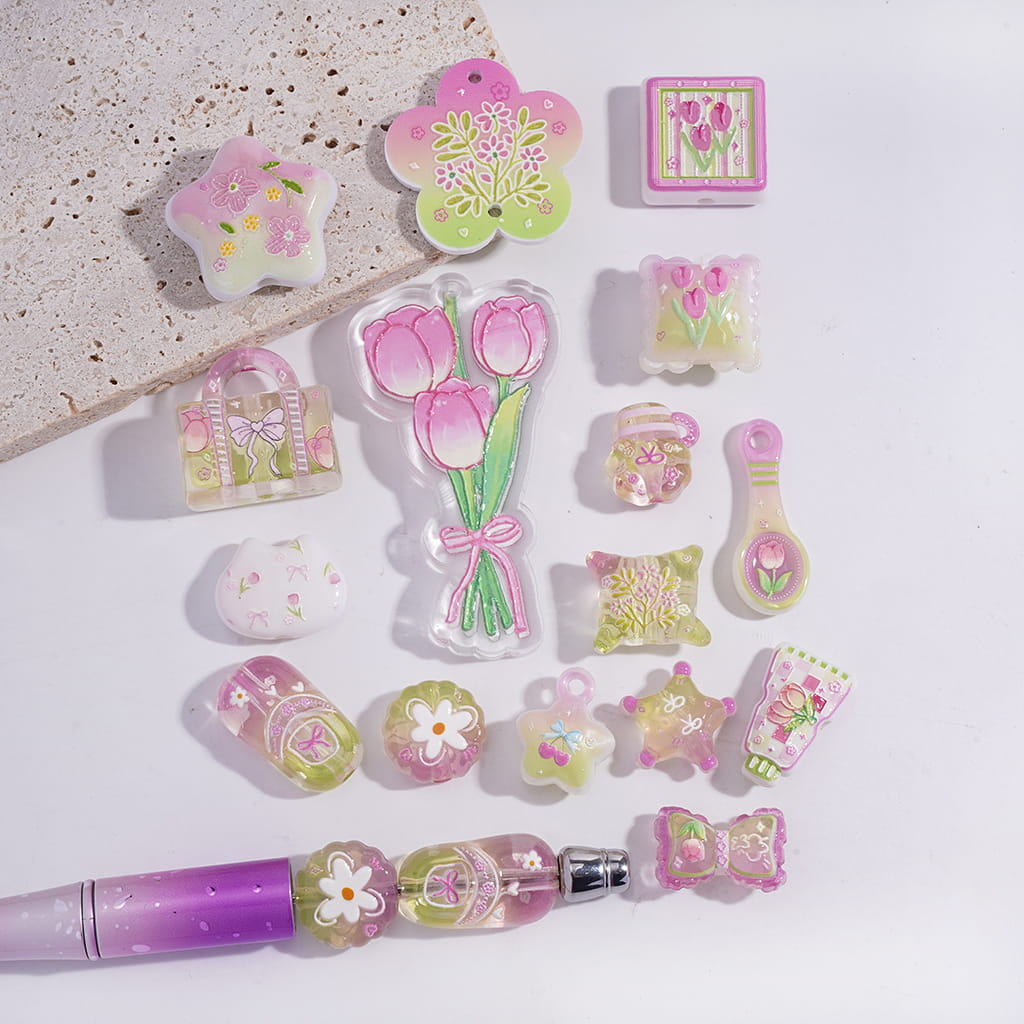 Acrylic Beads Pendants Tulip Flowers and Bowknot Light Pink Series, Random Mix