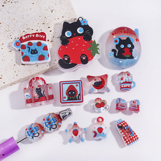 Acrylic Beads Pendants Red Strawberry Black Cat Kitten Theme, Random Mix