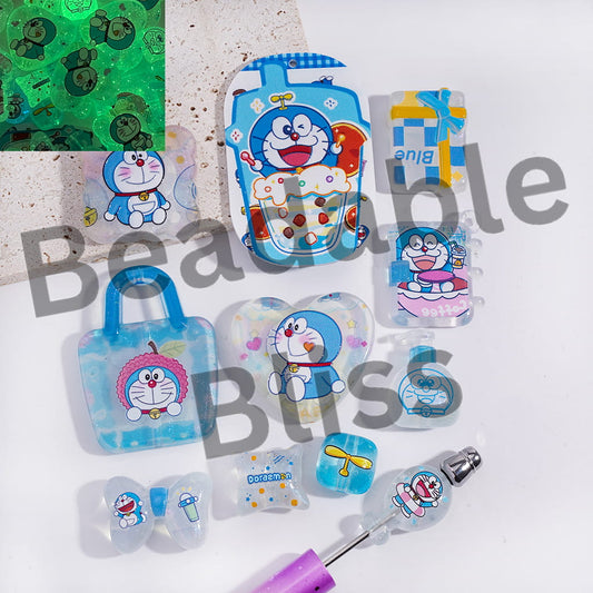 Acrylic Beads Pendants Luminous Japanese Blue Robot Cat Character Series, Random Mix