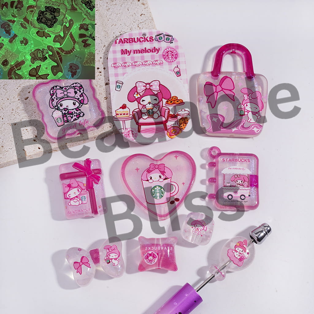 Acrylic Beads Pendants Pink Bunny-Like Girl Character Coffee Theme, Random Mix