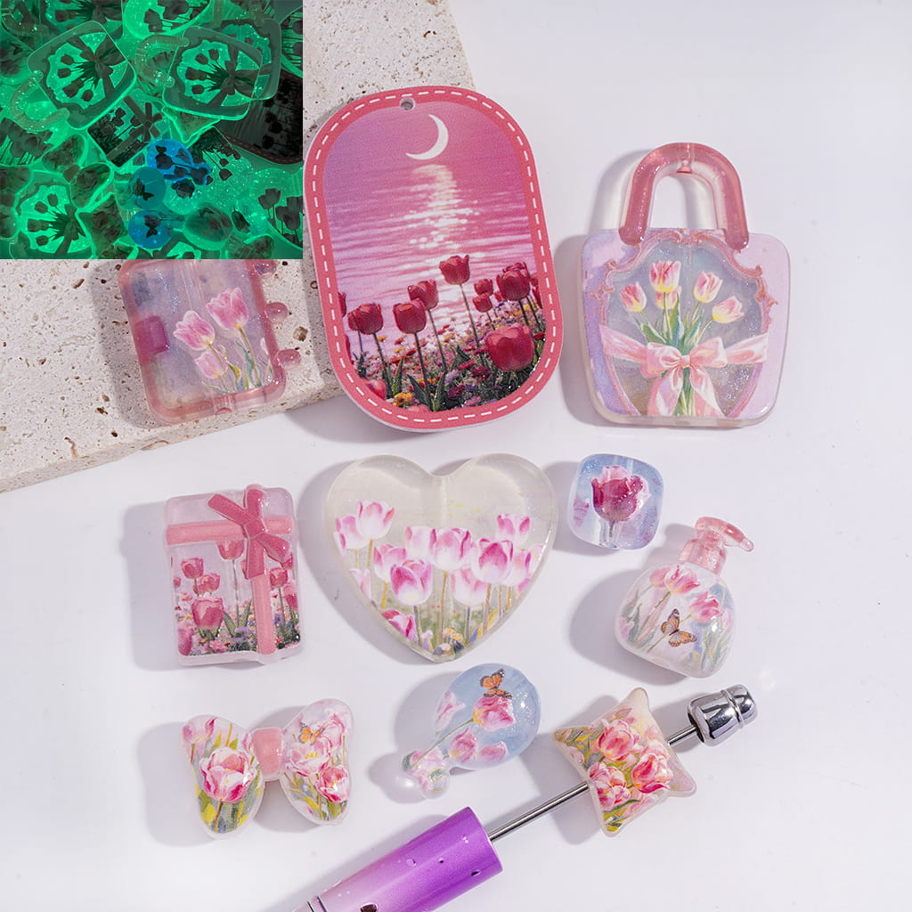 Acrylic Beads Pendants Pink Luminous Tulip Flowers Theme, Random Mix