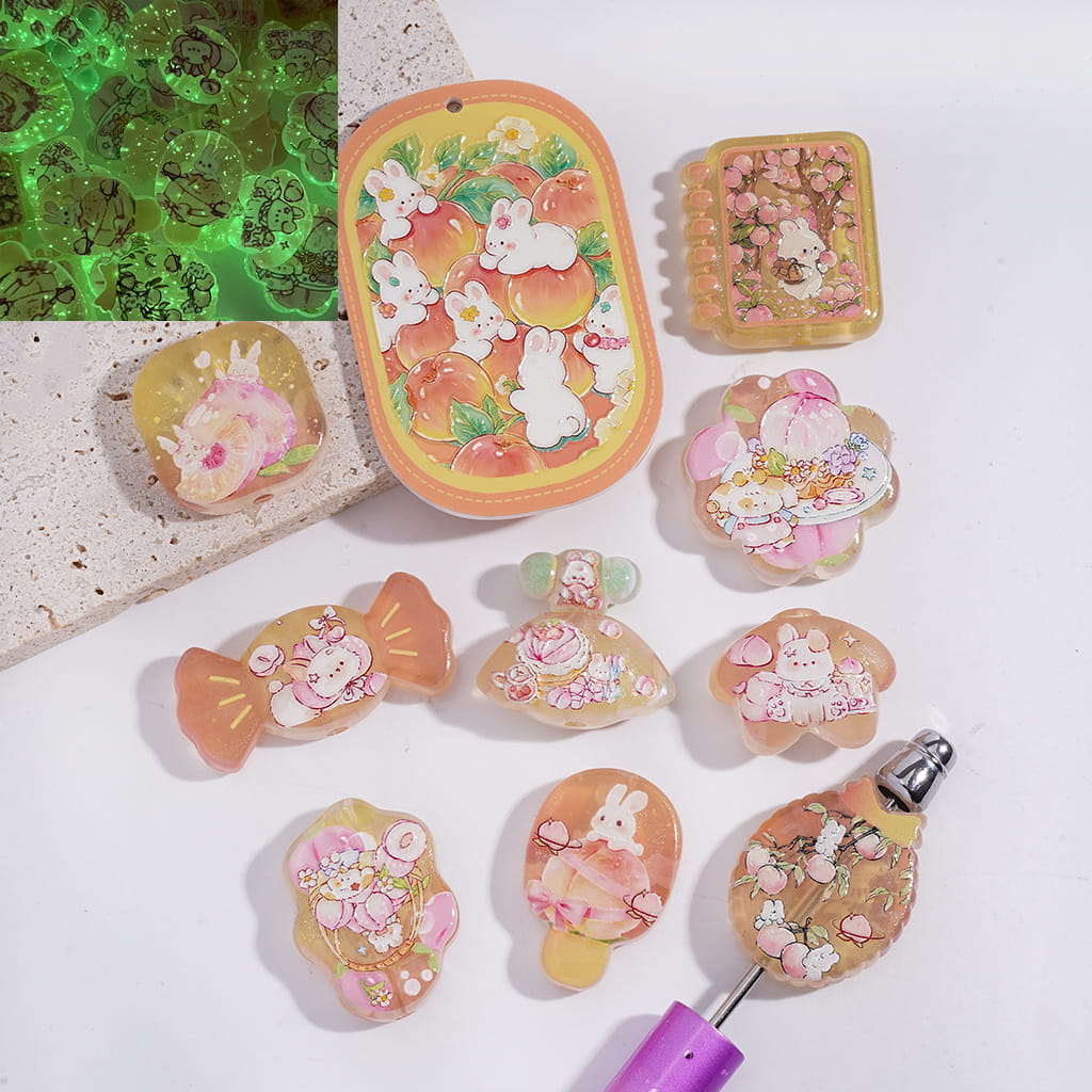 Acrylic Beads Pendants Luminous with Bunny and Fruit Peach Prints, Random Mix