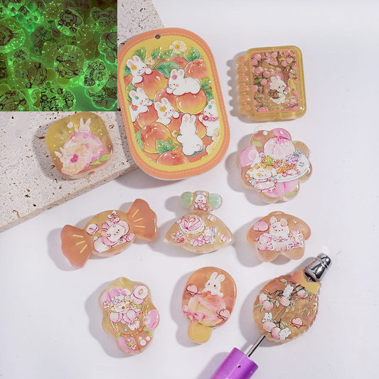 Acrylic Beads Pendants Luminous with Bunny and Fruit Peach Prints, Random Mix