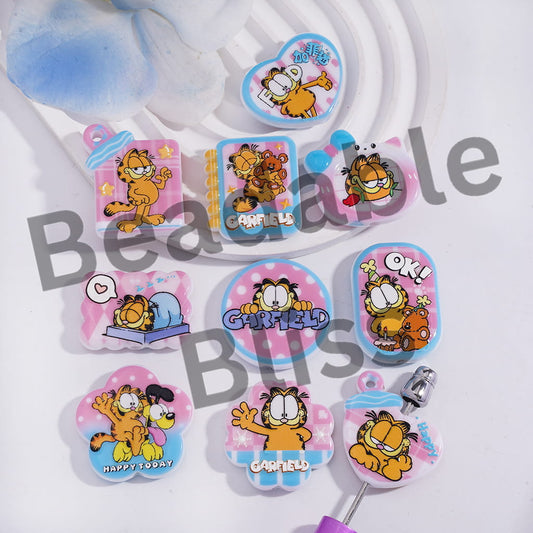 Acrylic Beads Pendants with Lazy Cat Character Prints Series, Random Mix