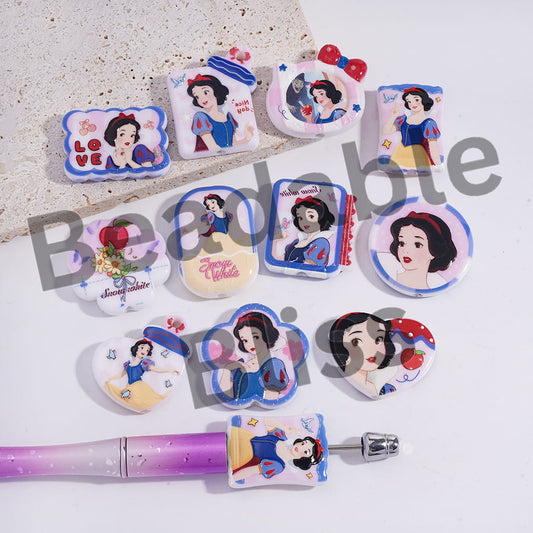 Acrylic Beads Pendants with White Snow Princess Red Apple Prints Series, Random Mix