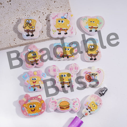 Acrylic Beads Pendants with Yellow Sponge Character Prints Series, Random Mix