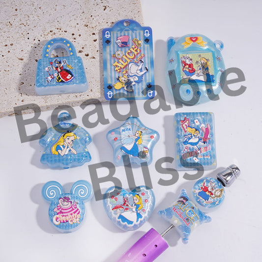 Acrylic Beads Pendants with Girl into Rabbit Hole Fantasy World Prints, Blue Series, Random Mix