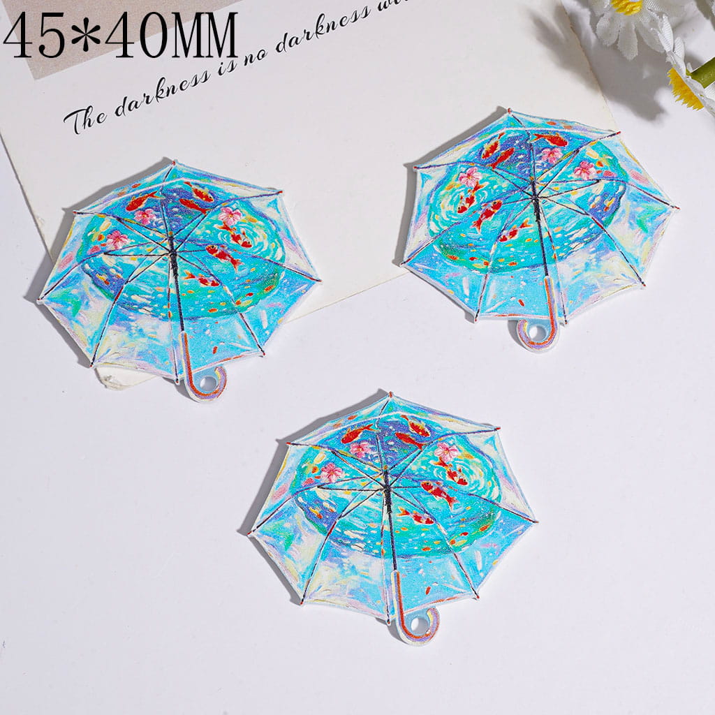 Acrylic Pendants Umbrella Shaped with Pond Flower Fish in Blue Series, 45*40MM