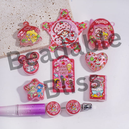 Acrylic Beads Pendants with Strawberry Girl Character Prints Series, Random Mix