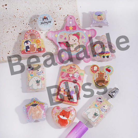 Acrylic Beads Pendants with Plush Comfort Toys Prints Series, Random Mix