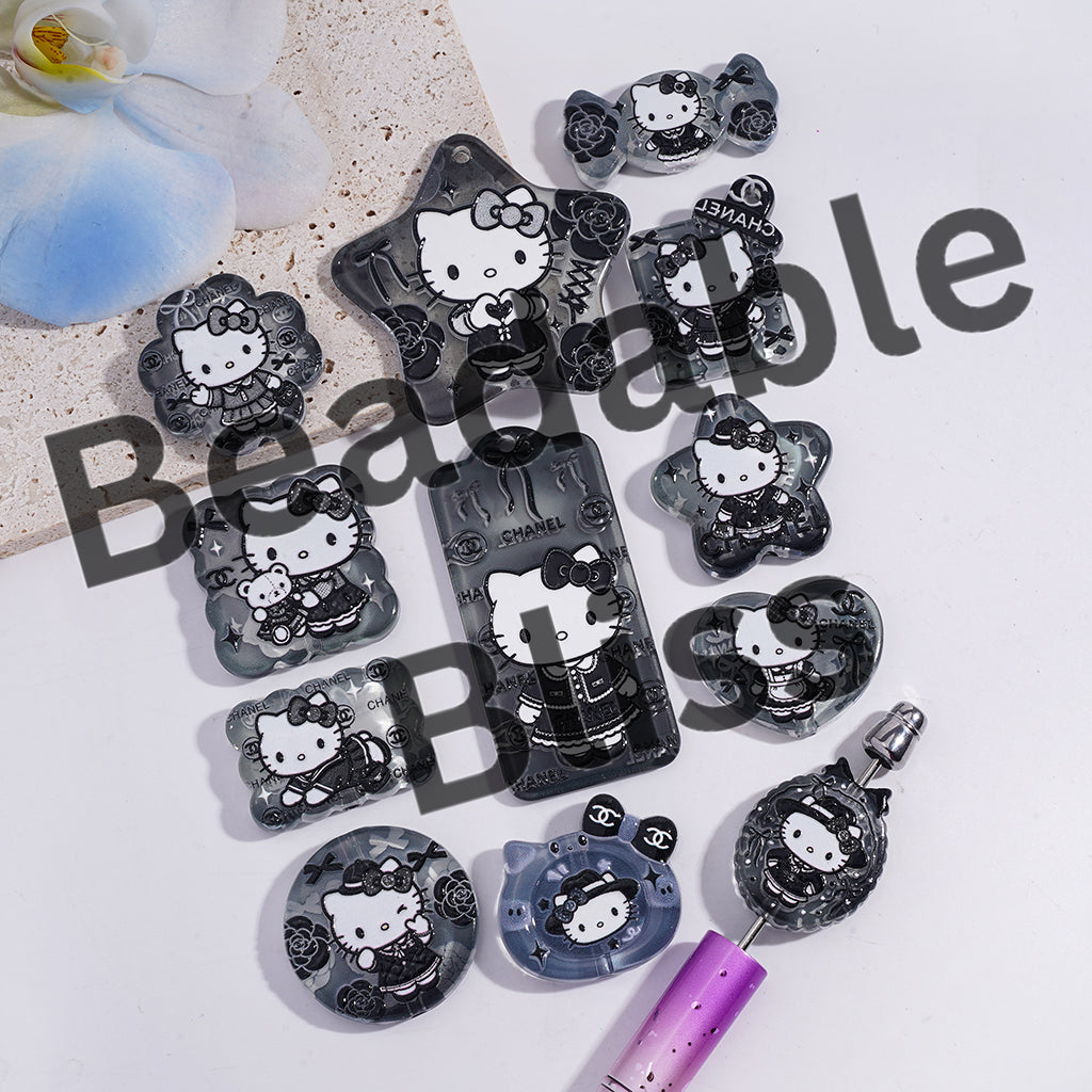 Acrylic Beads Pendants with Cute Cat Character Wearing Stylish Clothes Prints, Black Series, Random Mix