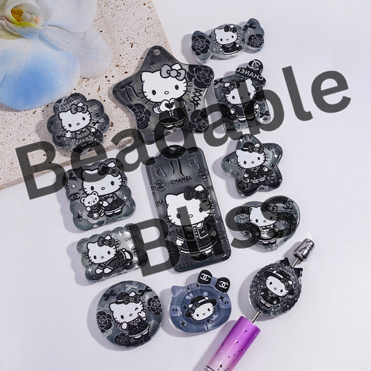 Acrylic Beads Pendants with Cute Cat Character Wearing Stylish Clothes Prints, Black Series, Random Mix