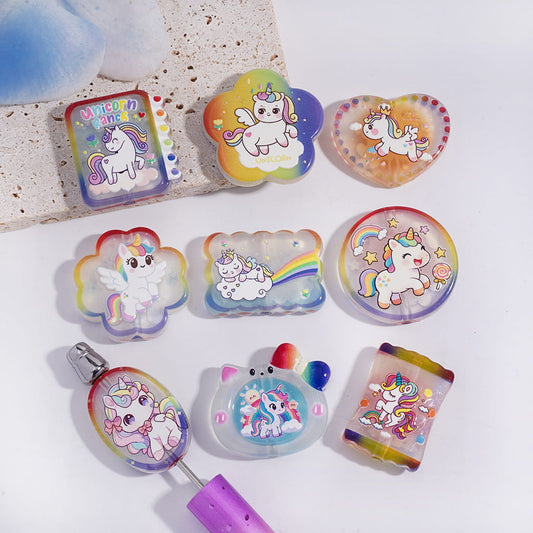 Acrylic Beads with Rainbow Unicorn Pony Prints Series, Random Mix