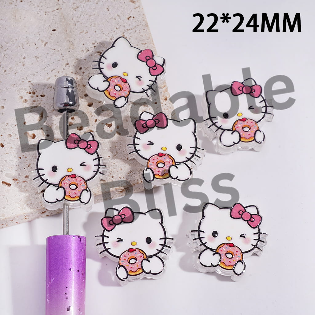 Acrylic Beads Cute Cat Character Eating Pink Doughnut, 22*24MM, Translucent