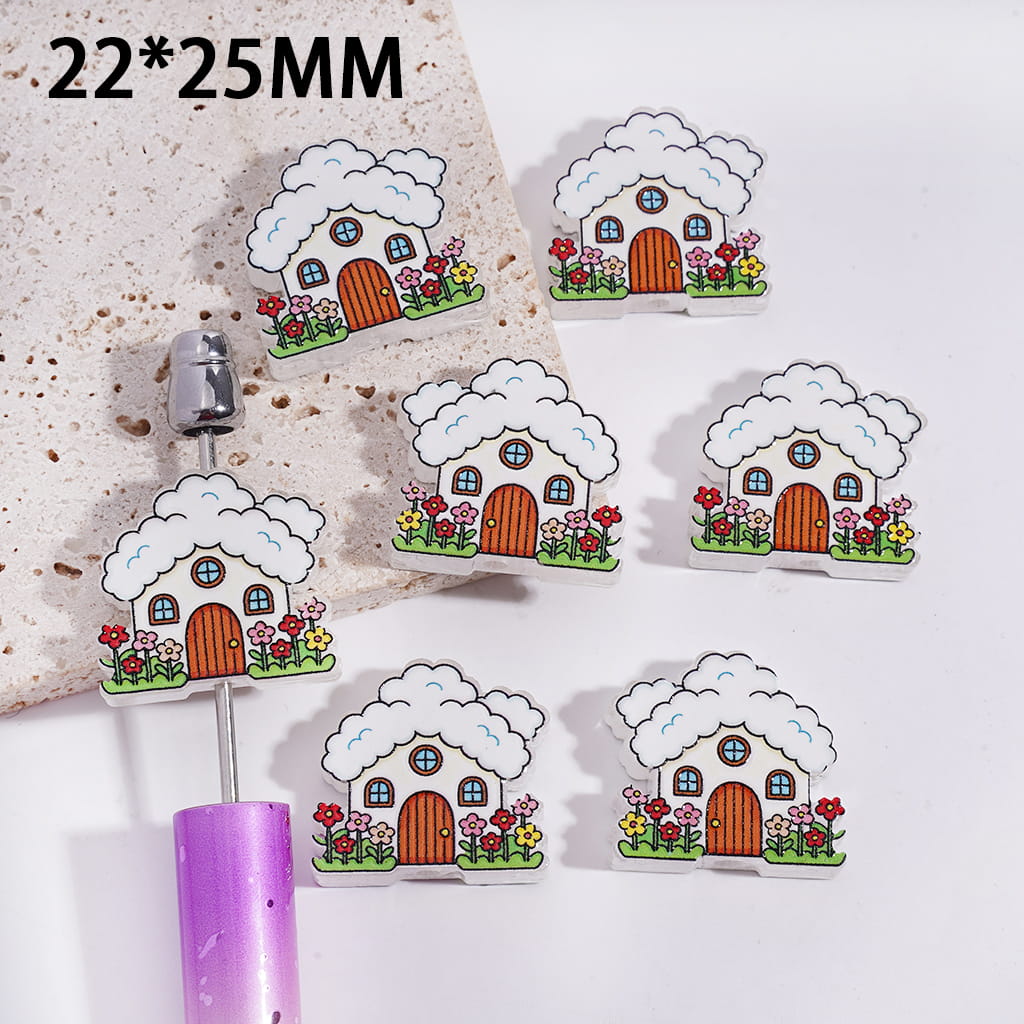 Acrylic Beads Translucent Cloud House with Flower Beds, 22*25MM