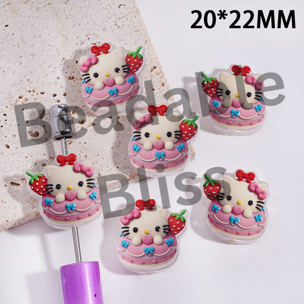 Acrylic Beads Cute Cat Character in Strawberry Doughnut, Translucent, 20*22MM