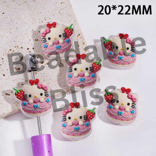 Acrylic Beads Cute Cat Character in Strawberry Doughnut, Translucent, 20*22MM