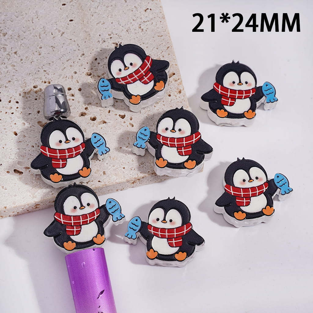 Acrylic Beads Penguin with Red Scarf Holding Fish, Translucent, 21*24MM