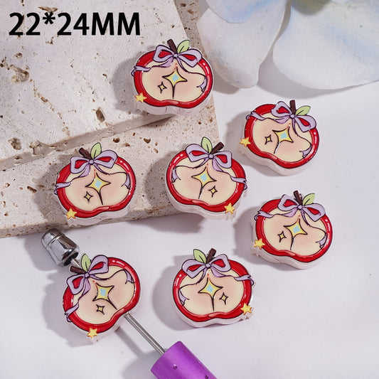 Acrylic Beads Half an Apple with Pink Bowtie and Yellow Stars, Translucent, 22*24MM