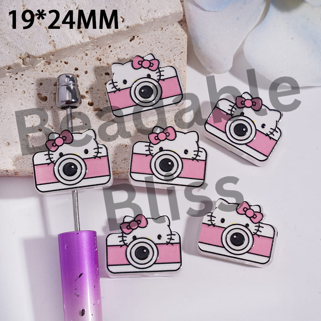 Acrylic Beads Pink White Camera with Cute Cat Character, Translucent, 19*24MM