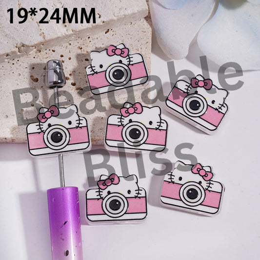 Acrylic Beads Pink White Camera with Cute Cat Character, Translucent, 19*24MM