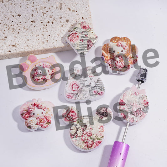 Acrylic Beads with Cute Cat Character Rose Flower Prints Series, Random Mix