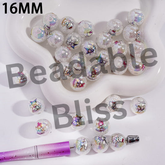 Acrylic Crackle Beads for Bracelets UV Coating with Adorable Character Riding Horse Prints Series, 16MM, Random Mix