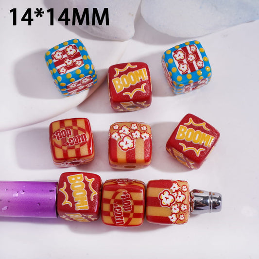 Acrylic Beads with Boom Popcorn Prints, Cube Square Shape, 14*14MM, Random Mix