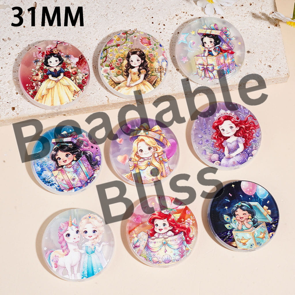 Acrylic Beads Classic Animation Beautiful Princess Character Prints Series, 31MM, Round Shape, Random Mix