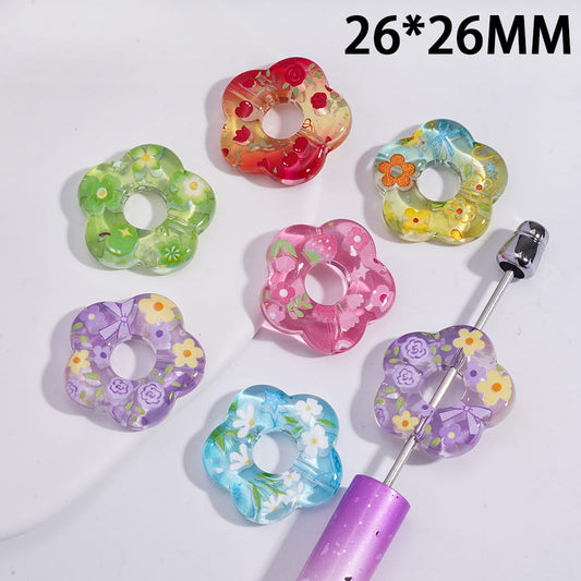 Acrylic Flower Beads with Various Flowers Prints, Translucent, 26*26MM, Random Mix