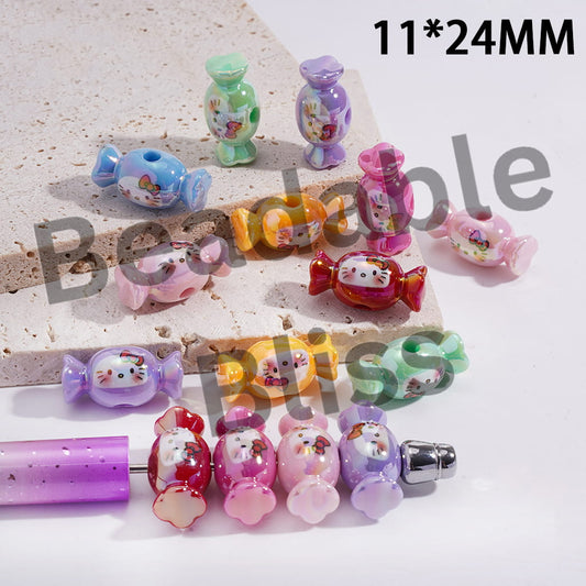 Acrylic Candy Beads UV Coating with Cute Cat Character Head Prints, 11*24MM, Random Mix