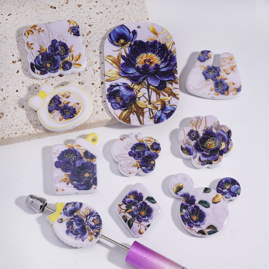 Acrylic Beads Pendants with Purple Peony Flowers Theme, Random Mix