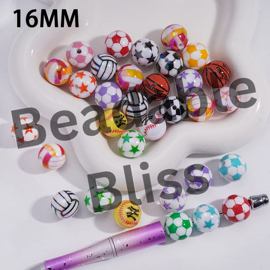 Acrylic Beads for Bracelets with Basketball Soccer Football Volleyball Baseball Ball-Related Sports Theme, 16MM, Random Mix