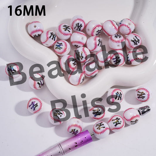 Acrylic Beads for Bracelets with Sports NY Baseball Prints, 16MM, Random Mix