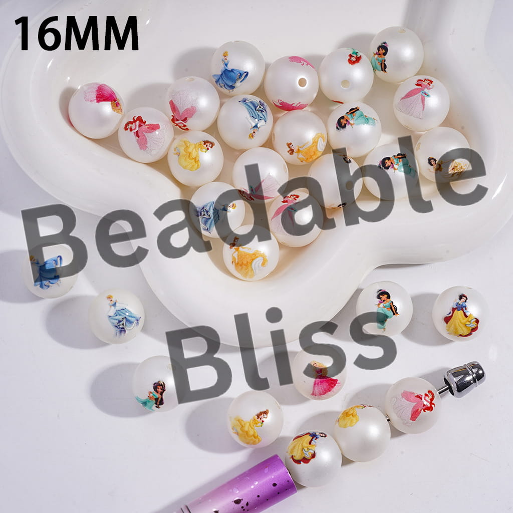 Acrylic Beads for Bracelets w Classic Beautiful Princess Character Prints, 16MM, Pearl White, Random Mix
