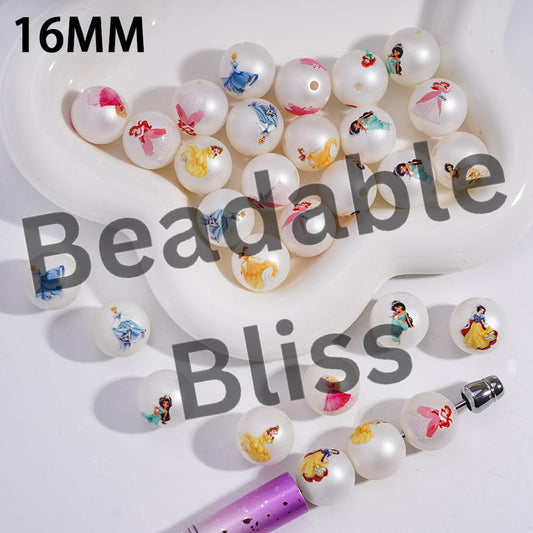 Acrylic Beads for Bracelets w Classic Beautiful Princess Character Prints, 16MM, Pearl White, Random Mix