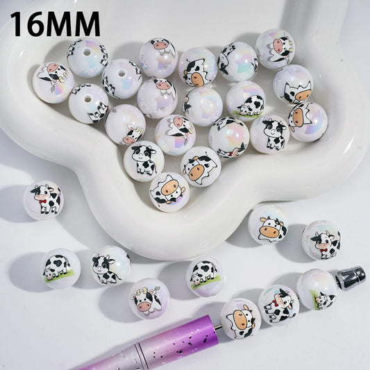 Acrylic Beads for Bracelets UV Coating with Dairy Cow Prints, 16MM, Random Mix