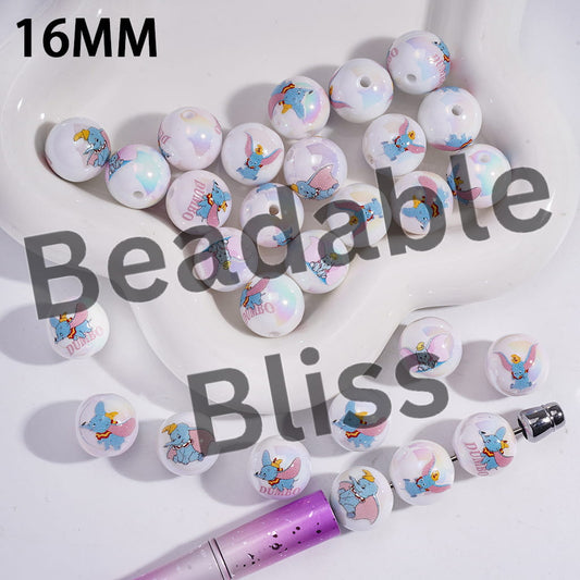Acrylic Beads for Bracelets UV Coating w Classic Flying Elephant Character Prints, 16MM, Random Mix