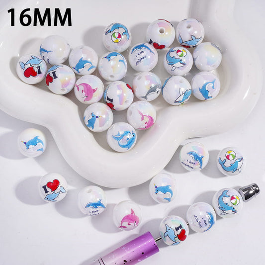 Acrylic Beads for Bracelets UV Coating with Cute Dolphin Series, 16MM, Random Mix