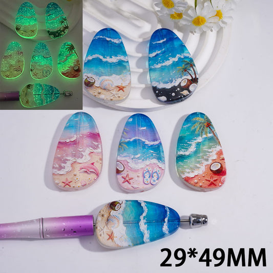 Acrylic Beads Luminous Irregular Water Drop with Beach Scenery Prints, 29*49MM, Random Mix