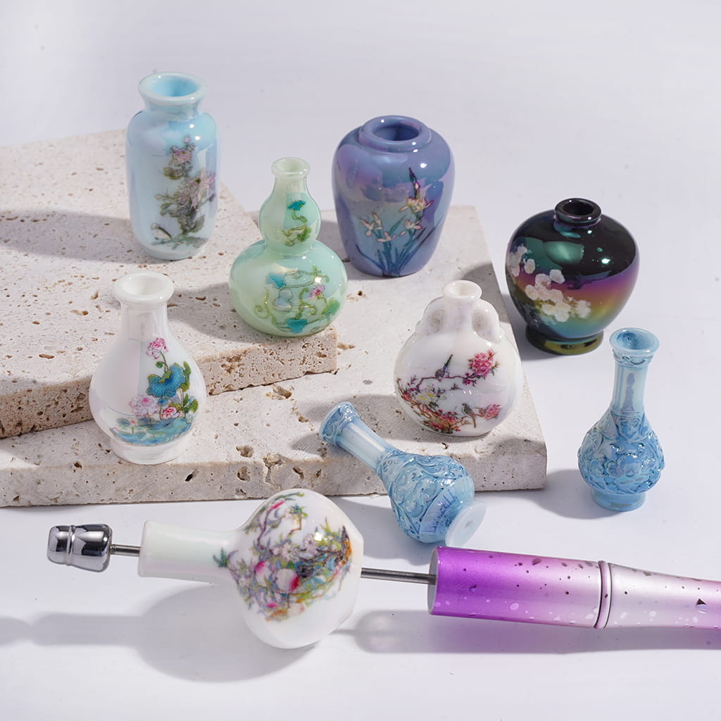Acrylic Beads UV Coating Chinese Style Flower Vase, Random Mix