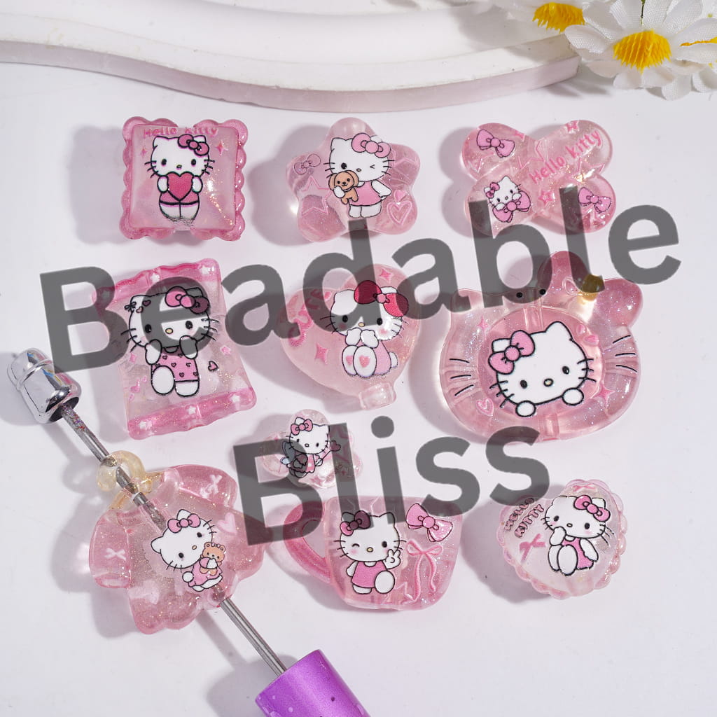 Acrylic Beads Pendants with Cute Cat Character and Glitter, Clear, Random Mix