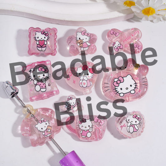 Acrylic Beads Pendants with Cute Cat Character and Glitter, Clear, Random Mix