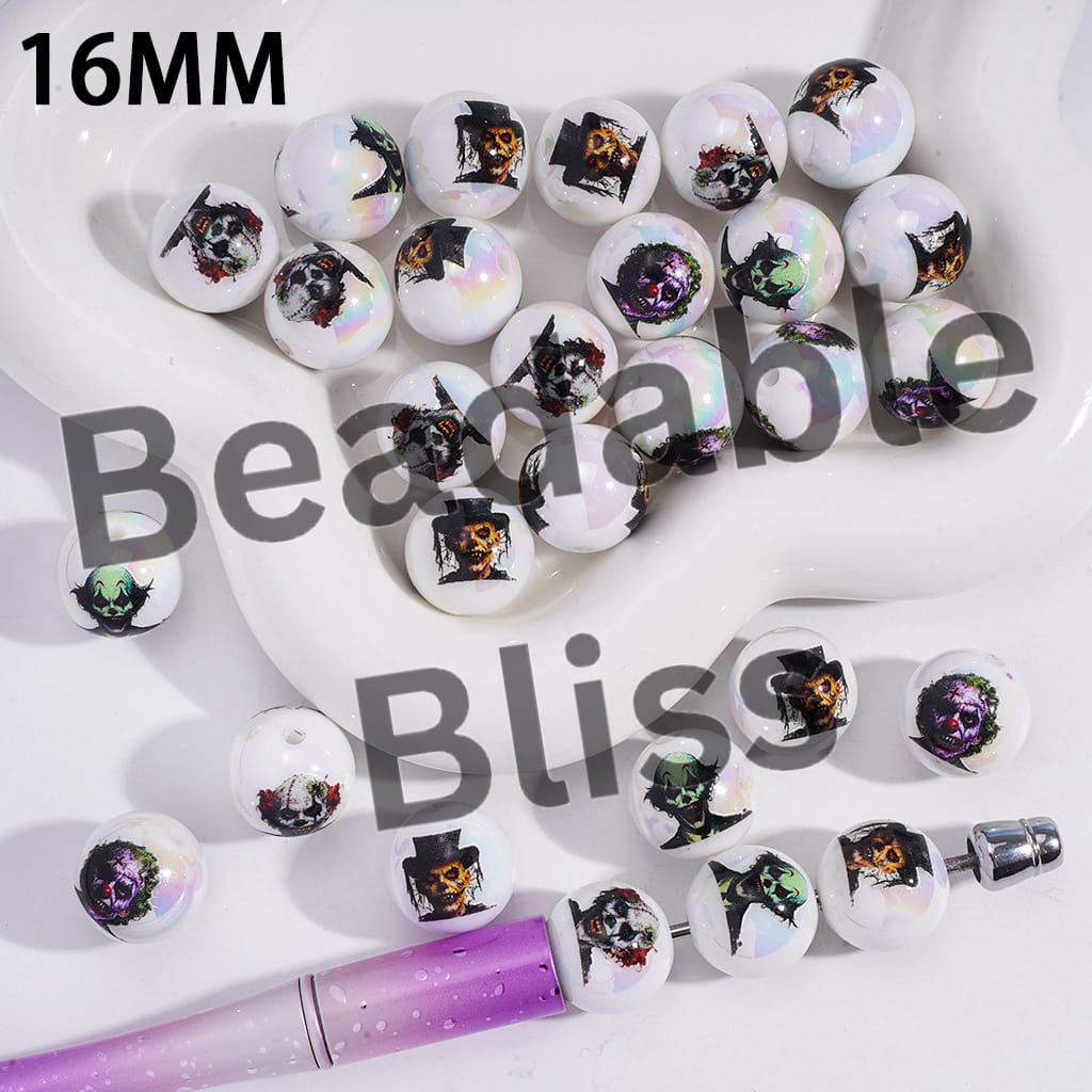 Acrylic Beads for Bracelets UV Coating with Horror Clown Halloween Theme, 16MM, Random Mix