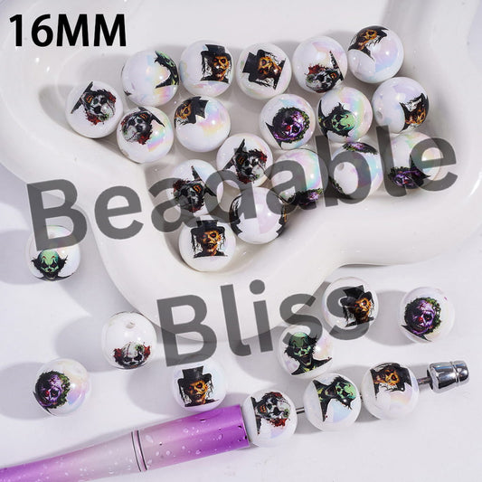 Acrylic Beads for Bracelets UV Coating with Horror Clown Halloween Theme, 16MM, Random Mix